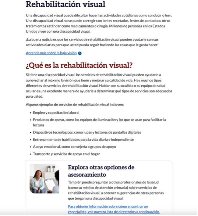 Una captura de pantalla de los Servicios de Rehabilitación Visual.