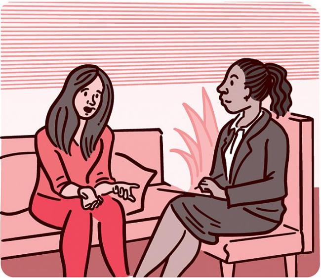 Ilustración de una mujer hablando con un profesional de la salud mental