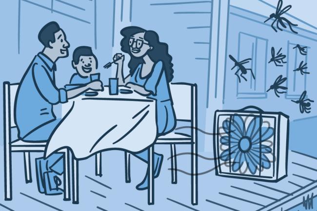 Ilustración de una familia comiendo al aire libre mientras usan un ventilador para protegerse de los mosquitos.