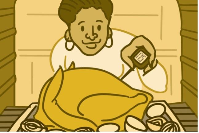 Ilustración de una mujer tomando la temperatura de un pavo en el horno.