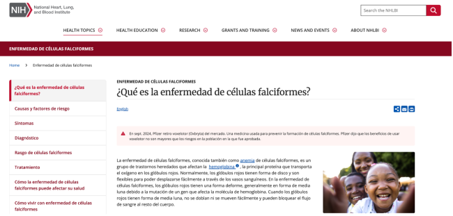 Una captura de pantalla muestra una página web sobre la enfermedad de células falciformes, del Instituto Nacional del Corazón, los Pulmones y la Sangre.