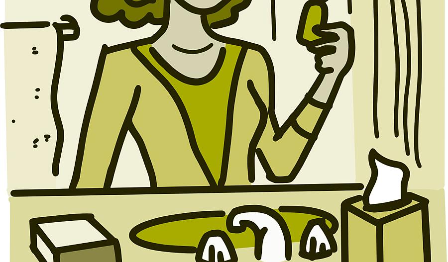 Ilustración de una mujer mirando una botella de enjuague salino sobre el lavabo del baño