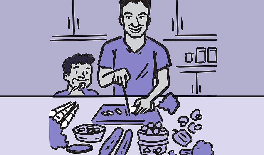 Ilustración de padre e hijo preparando una comida saludable juntos.