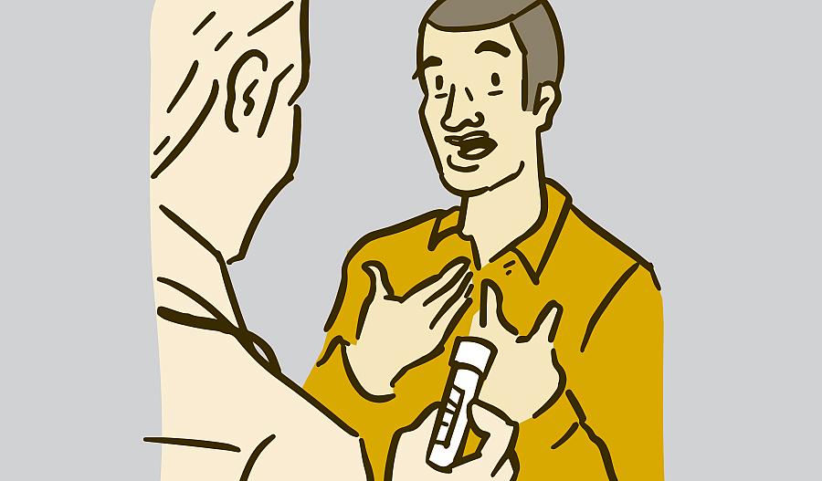 Ilustración de un médico sosteniendo un tubo de sangre mientras habla con un paciente.