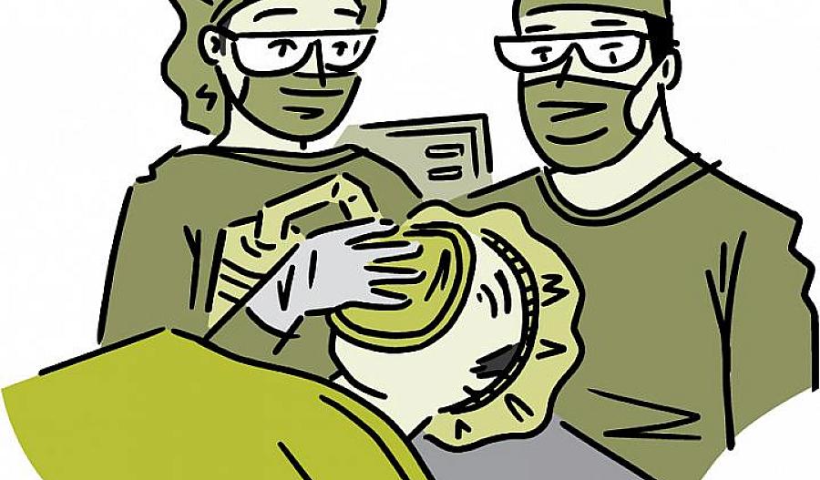 Caricatura de un paciente recibiendo anestesia en la sala de operaciones.