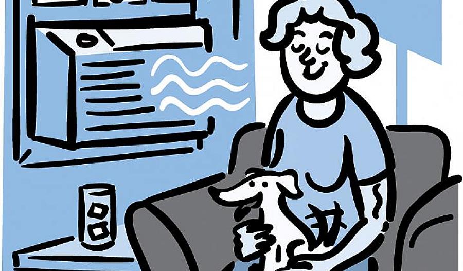 Ilustración de una mujer mayor sentada en frente de un aire acondicionado, con las persianas bajas y un vaso con agua y hielo cerca.