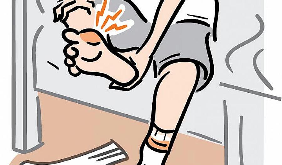 Ilustración de un adulto mayor sentado en el borde de la cama agarrándose su pie que tiene una inflamación dolorosa en la base del dedo gordo del pie.
