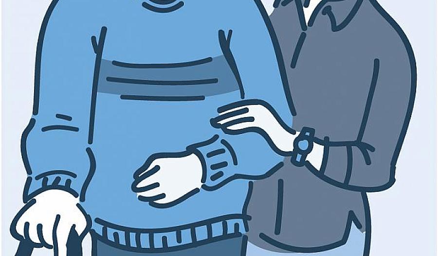 Ilustración de un hombre mayor de pie con un bastón, y una mujer tomándolo del brazo para ayudarlo con el equilibrio