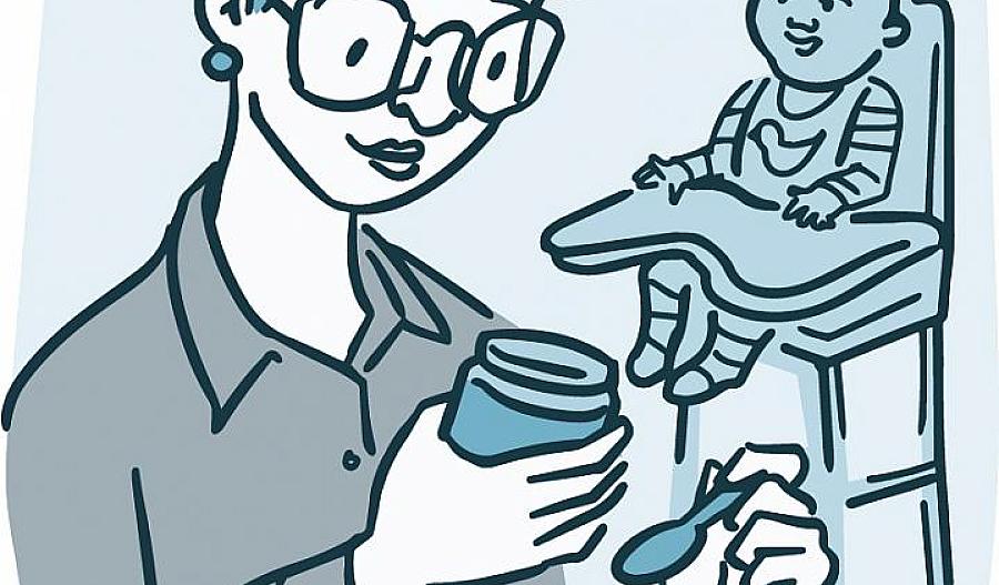 Ilustración de una madre leyendo los ingredientes de un frasco de comida para bebés, mientras el bebé espera en su silla alta.