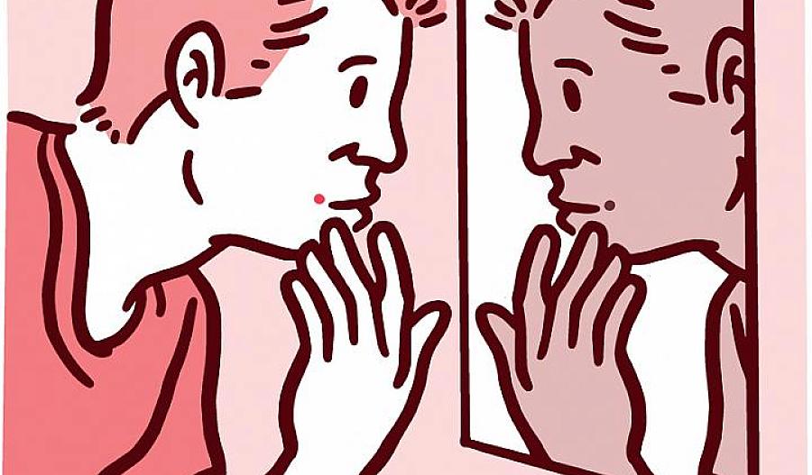 Ilustración de un hombre que mira en un espejo una mancha en su cara