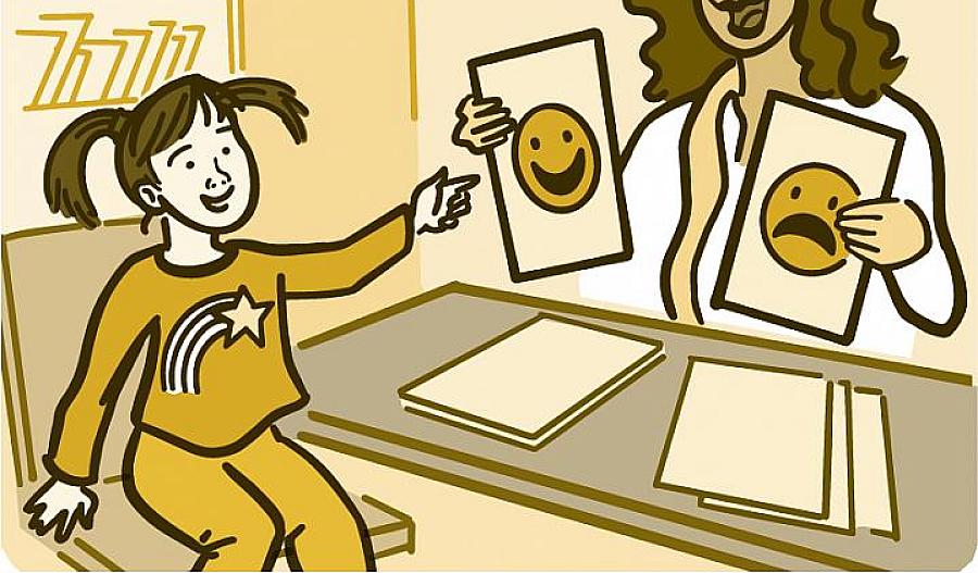 Ilustración de un adulto que le muestra a un niño tarjetas con imágenes de diferentes caras