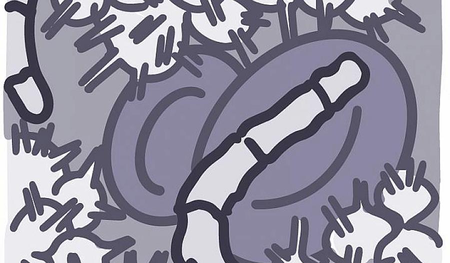 Ilustración de células sanguíneas y bacterias.