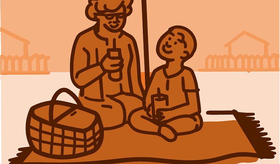 Ilustración de un abuelo con su nieto haciendo un picnic bajo una sombrilla.