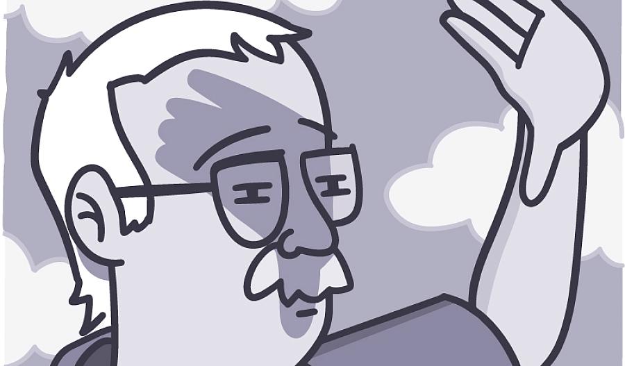 Ilustración de un hombre mayor que se cubre los ojos del sol mientras entrecierra los ojos