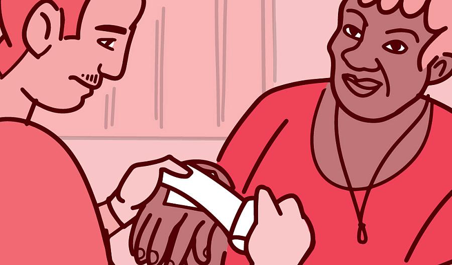 Ilustración de una persona vendando la mano de una mujer.