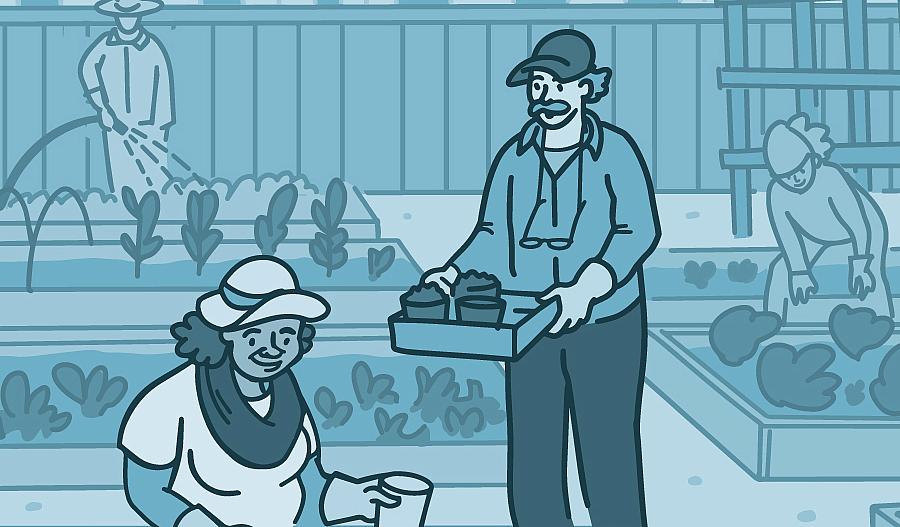 Ilustración de personas recogiendo tierra en un jardín comunitario