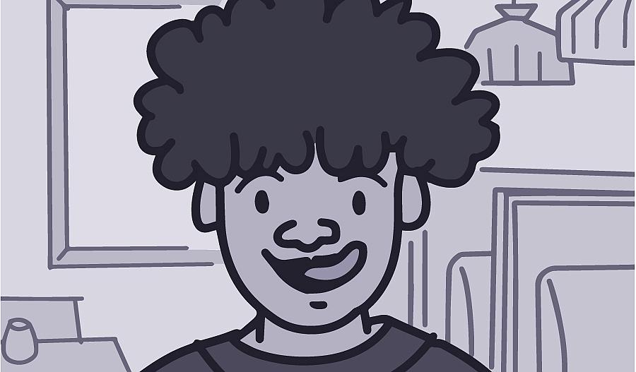 Ilustración de un niño lamiéndose los labios mientras come una porción de pizza.