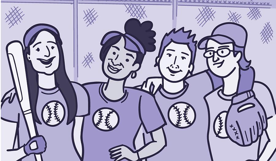 Ilustración de un grupo de amigos jugando sóftbol, posando para una foto del equipo.