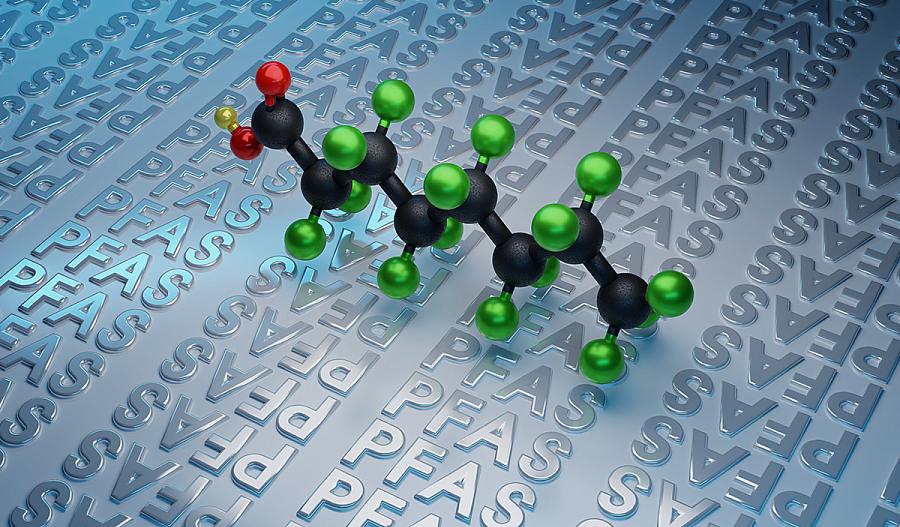 Una ilustración representa una molécula de sustancias perfluoroalquiladas y polifluoroalquiladas.