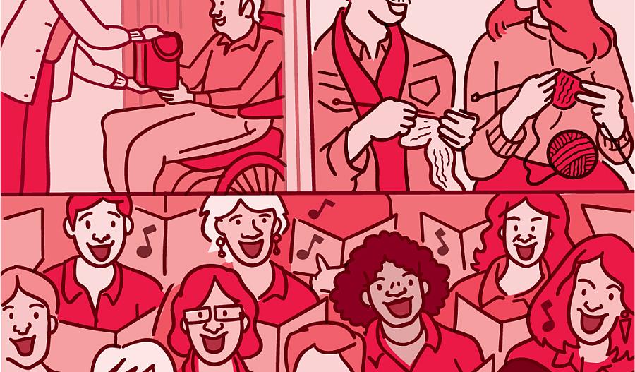 Una ilustración compuesta de varias escenas representa diferentes conexiones sociales: una mujer entregando comida a un adulto mayor que está sentado en una silla de ruedas, dos amigos tejiendo y varias personas cantando en un coro.