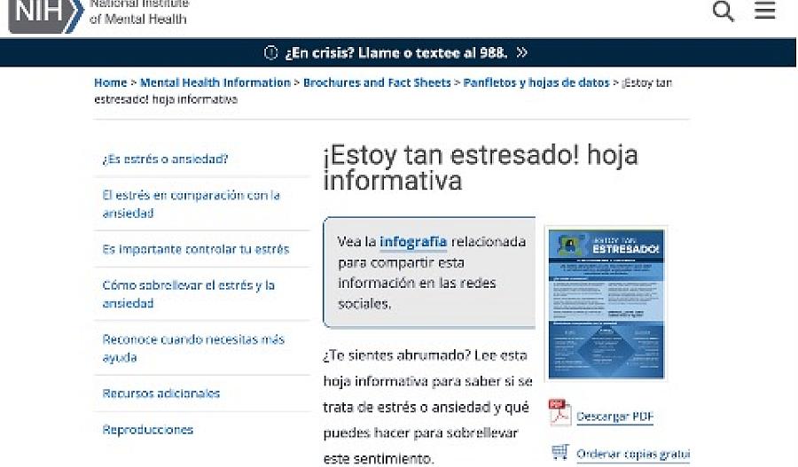 Una imagen muestra una captura de pantalla de la página web titulada “¡Estoy tan estresado! Hoja informativa”.