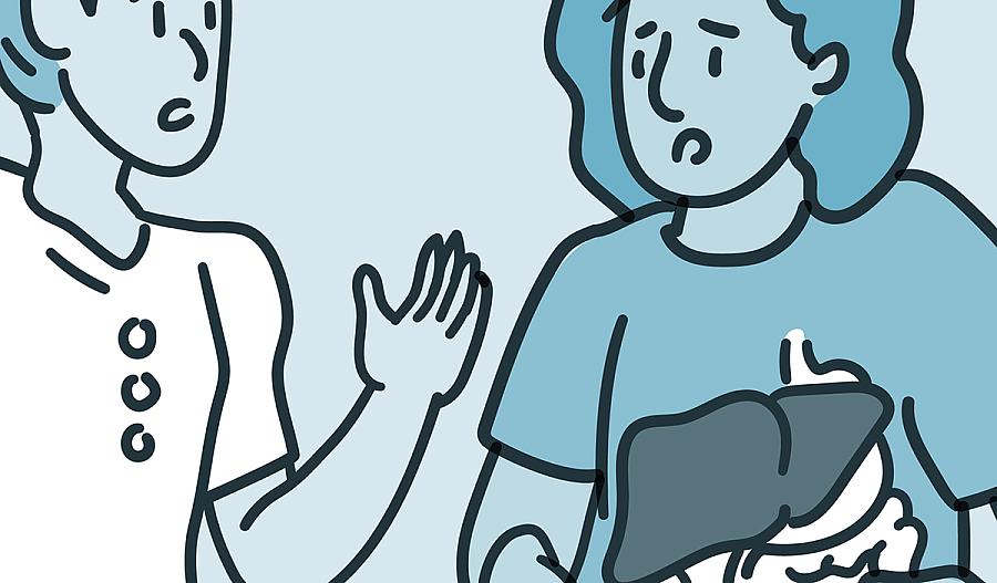 Una ilustración muestra a una mujer estresada tocando su abdomen, mientras está hablando con otra persona.