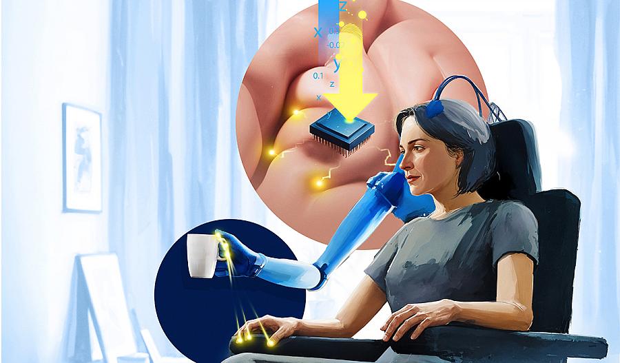 Una ilustración muestra a una mujer sentada en una silla controlando un brazo biónico a través de señales cerebrales.