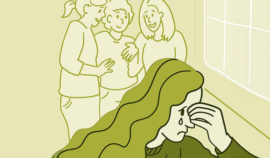 Ilustración de una adolescente llorando y alejándose de un grupo de niñas.
