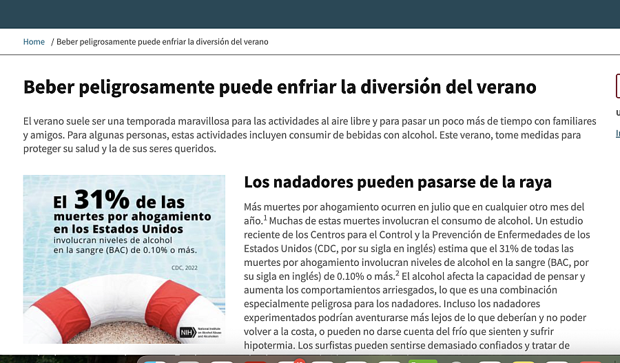 Captura de pantalla del sitio web titulado “Beber peligrosamente puede enfriar la diversión del verano”.