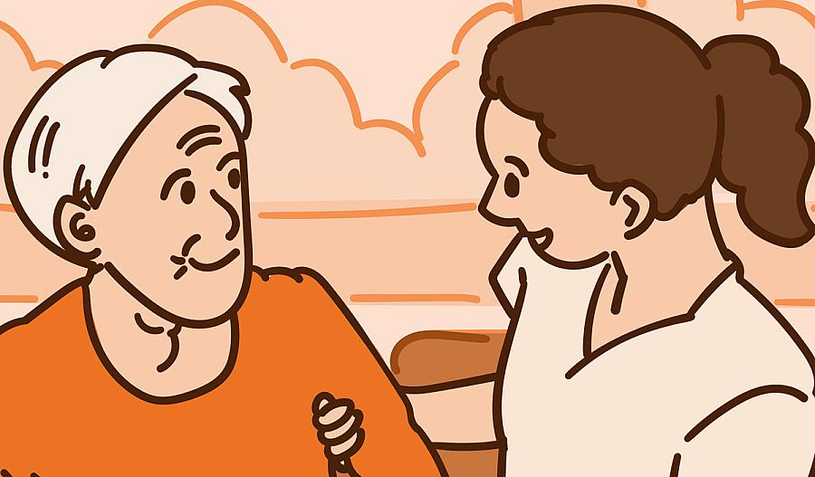 Una ilustración muestra a una trabajadora del cuidado de salud ayudando a una persona anciana. Ambas sonríen.